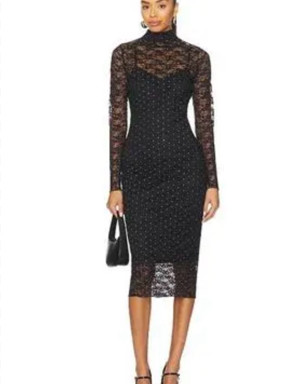Steve Madden Black Lace Long-Sleeve Midi Dress with Dot Detail
